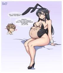 1boy1girl 1girls areolae azusagawa_sakuta big_belly big_breasts bloated_belly blush bunny_ears bunnysuit clothed clothing fat_ass female female_focus happy heels high_heels navel outie_navel pregnant sakurajima_mai seishun_buta_yarou_wa_bunny_girl_senpai_no_yume_wo_minai tsukiji wholesome