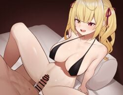 1boy bar_censor black_bra blonde_hair bottomless bra censored covered_nipples emor18_shikeko female hair_ribbon heterochromia hoshikawa_sara imminent_penetration imminent_vaginal long_hair navel nijisanji open_mouth penis penis_on_pussy red_eyes red_ribbon ribbon smile solo_focus spread_legs straight two_side_up underwear virtual_youtuber yellow_eyes