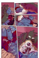 bastriw brown_eyes canid canine canis clothed clothing comic dialogue domestic_cat domestic_dog felid feline felis fernando_(bastriw) genitals hi_res kissing male mammal muscular muscular_male nude oral partially_clothed pato_(bastriw) penis purple_eyes romantic sex text undressing