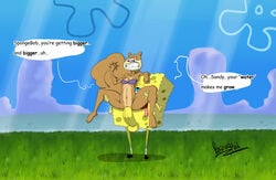 1girls anthro balls big_penis businessman_(artist) clenched_teeth furry sandy_cheeks sea_sponge smooth_skin speech_bubble spongebob_squarepants spongebob_squarepants_(character) spread_legs squirrel stand_and_carry_position vaginal_penetration