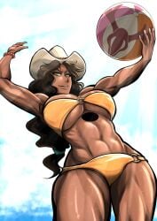 1girls abs beach_ball big_breasts bleach bleach_brave_souls brown_hair curly_hair dark-skinned_female hat looking_down mila_rose muscular muscular_female soyuzu sweat swimsuit swimwear thick_thighs underboob volleyball wet_body