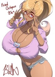 1girls bakunyuu booty_shorts breasts brown_eyes brown_hair bursting_breasts busty cleavage collarbone collared_shirt commission contrapposto curvaceous curvy curvy_body curvy_female daisy_duke dark-skinned_female dark_skin denim denim_shorts english_text enormous_breasts eyebrows eyebrows_visible_through_hair eyeglasses eyewear female female_focus fingernails glasses huge_breasts hyper_breasts id_card identification_card japanese_text kloah lanyard lips lipstick long_fingernails long_hair looking_at_viewer makeup massive_breasts nail_polish name_tag navel no_bra no_panties open_mouth original parted_lips pink_nail_polish pink_nails pink_shirt plain_background red-framed_eyewear red-framed_glasses red_eyewear red_glasses shirt short_shorts shorts simple_background solo thick_thighs tied_hair tied_shirt tight tight_shirt very_long_hair voluptuous white_background