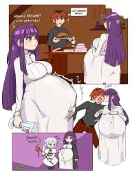 1boy2girls big_belly big_breasts bloated_belly blush clinkoclinko clothed clothing comic comic_page dialogue female fern_(sousou_no_frieren) frieren gremlin kissing long_hair long_purple_hair orange_hair outie_navel pregnancy_cravings pregnant purple_eyes purple_hair sousou_no_frieren stark_(sousou_no_frieren) stuffed_belly stuffing text twins white_hair