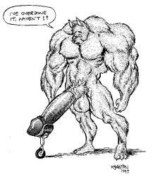 1990s 1997 1boy balls bara dated english_text full_body furry furry_only gay karno male male_only monochrome muscular muscular_male penis simple_background solo speech_bubble standing tagme text