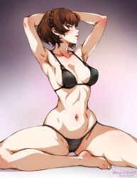 1girls armpits black_lingerie breasts brown_hair child_bearing_hips fit fit_female hairless_armpits lingerie makoto_niijima minacream navel persona persona_5 persona_5_royal red_eyes solo solo_female spread_legs tagme thong wide_hips