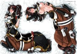 1girls animal_ears bad_id bad_pixiv_id blue_eyes blush breasts brown_hair centaur centauress dakimakura female fingerless_gloves flower gloves hair_flower hair_ornament hands_up highres horse_ears karen_(z-ton) long_hair looking_at_viewer lying medium_breasts monster_girl multiple_views navel nipples official_art on_back on_side open_mouth original ponytail red_flower saddle stitched taur third-party_edit z-ton