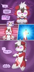 anthro balls bodily_fluids collar comic english_text erection fur furry generation_7_pokemon genitals good_boy hi_res humor hypnosis kalappoi kneeling knot lycanroc male male_only midnight_lycanroc mind_control nintendo obey open_mouth pawpads paws penis pokemon pokemon_(species) solo speech_bubble spiral_eyes tail tail_motion tailwag text tongue