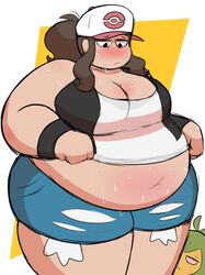 1girls fat game_freak hilda_(pokemon) midnitemorty nintendo obese obese_female overweight overweight_female pokemon pokemon_bw solo_focus swadloon sweat