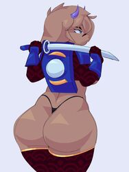 anthro ass barely_clothed big_ass big_breasts cosplay cytrusawa furry katana mercenary_(risk_of_rain) risk_of_rain risk_of_rain_2 simple_background sword thick_thighs thighhighs