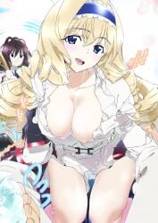 1boy 2girls big_breasts blonde_hair blue_eyes bow breasts brown_hair busty cecilia_alcott cleavage drill_hair female female_only hair_ribbon hairband hairbow highres infinite_stratos kneeling large_breasts legs long_hair looking_at_viewer multiple_girls no_bra orimura_ichika panties ponytail pov ribbon school_uniform sensual shinonono_houki smile thighs underwear very_long_hair white_panties