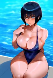 ai_generated big_breasts black_hair blue_eyes blush cheating competition_swimsuit ene hips huge_breasts lips looking_at_viewer naughty_face netorare ntr one-piece_swimsuit pool poolside ryouka_eunomoto scars_of_summer shinachiku_castella summer_shattering sweat swimsuit wide_hips