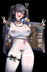 !? :d absurdres banknote black_background black_choker black_hair blue_jacket blush breasts choker condom condom_packet_strip condom_wrapper cum double_v female goddess_of_victory:_nikke heart_maebari heart_pasties highres id_card jacket jewelry lancheu large_breasts maebari mole mole_under_eye money multiple_rings open_clothes open_jacket pantyhose pasties prostitution red_eyes ring shirt simple_background smile solo sora_(nikke) thigh_strap twintails used_condom v white_pantyhose white_shirt