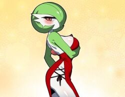 1girls ass blush booty dress female female_only gardevoir hakkimanime lace_dress large_breasts pokemon pokemon_(species) red_dress sexy_dress sexy_pose side_view