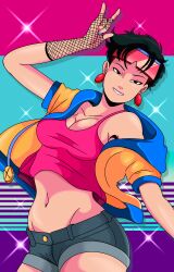 absurd_res asian asian_female black_hair breasts exposed_midriff exposed_torso female female_focus female_only jacket jubilation_lee jubilee light-skinned_female light_skin looking_at_viewer marvel marvel_comics medium_breasts midriff pink_tank_top short_hair shorts smile smiling smiling_at_viewer solo solo_female sonson-sensei tank_top tanktop x-men yellow_jacket