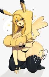 1girls anthro big_breasts black_eyes black_thighhighs blush breasts cleavage female female_only fingerless_gloves generation_1_pokemon hi_res holding_breast holding_own_breast hoodie huge_breasts kneeling looking_at_viewer nintendo pikachu pokemon pokemon_(species) smiling smiling_at_viewer solo thick_thighs thighhighs thong togetoge wide_hips yellow_hair