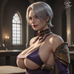 1girls ai_generated blue_eyes female isabella_valentine large_breasts smile solo soul_calibur soul_calibur_iv