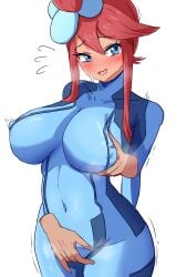 1girls absurd_res amrbatafri big_breasts blue_eyes blush bodysuit breast_grab breasts covered_navel cowboy_shot creatures_(company) curvy disembodied_hand fingering fingering_through_clothes game_freak groping gym_leader hair_between_eyes hair_ornament hi_res nintendo nipple_bulge open_mouth paid_reward_available pokemon pokemon_bw reach_around red_hair samus_aran_(cosplay) short_hair_with_long_locks sidelocks skintight skintight_bodysuit skyla_(pokemon) solo_focus standing topknot voluptuous voluptuous_female wide_hips zero_suit