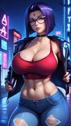 ai_generated belly_button big_breasts breasts choker city city_background cityscape clavicle cleavage collarbone dc_comics firm_breasts glasses hourglass_figure huge_breasts jacket jeans large_breasts light light_body light_skin lipstick midriff navel_piercing neon_lights night night_sky open_jacket portrait purple_hair raven_(dc) round_breasts seducing seduction seductive seductive_body seductive_eyes seductive_gaze seductive_look seductive_mouth seductive_pose seductive_smile shiny shiny_breasts shiny_clothes shiny_hair shiny_skin sideboob sky4maleja standing tank_top teen_titans tight_clothing toned toned_stomach torn_clothes torn_jeans upper_body waist