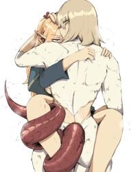 2girls arm_around_waist blonde_hair blush body_fur breasts chimera dragon_tail dungeon_meshi elf evaleen_d falin_touden falin_touden_(chimera) half-closed_eyes highres implied_futanari leg_lock long_tongue looking_at_another marcille_donato multiple_girls non-web_source pinned pointy_ears short_hair simple_background sweat tail tail_wrap tongue yuri