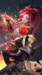 1girls ass ass_focus blue_eyes breasts bullety cleavage game_cg gun heavenly_ass horn horns isekai_slow_life large_ass large_breasts latex long_hair looking_at_viewer ponytail red_hair rose sharp_nails thighs wink