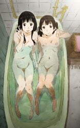 2girls barefoot bath bathtub black_eyes black_hair blush breasts brown_eyes brown_hair completely_nude double_v female_only full_body highres holding_hands long_hair looking_at_viewer lying monodevil multiple_girls nude on_back original small_breasts smile take_your_pick twintails v yuri