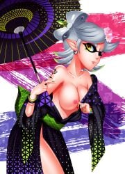 areolae armpits beauty_mark bracelet breasts breasts_out collarbone earring exposing_breasts flower_in_hair friendship_bracelet green_hairtips hair_bow_(anatomy) jassycoco kimono kimono_pull marie_(octo_canyon) marie_(splatoon) navel nintendo nipples painted_nails pointed_ears rose_tattoo simple_background smirk splatoon splatoon_(series) splatoon_2 splatoon_2:_octo_canyon squid squid_girl squid_humanoid striped_background tattoo tentacle_hair thighs two_tone_hair umbrella white_background white_hair wristband yellow_eyes