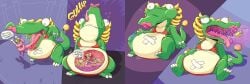 1boy1girl bandage burp burping colored comic dialogue digestion dinomighty dinosaur female gulpspooky heart-shaped_pupils jewelry male mario_(series) nintendo tagme vore wario wario_(series) wario_world willing_prey x-ray