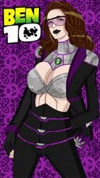 ben_10 ben_tennyson black_lipstick chronian cleavage eon_(ben_10) female female_ben gender_transformation green_eyes long_hair maudxie mtf_transformation omnitrix purple-tinted_eyewear rule_63 tinted_eyewear transformation visor