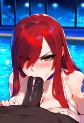 1boy 1girls ai_generated brown_eyes dark-skinned_male ded_173 erza_scarlet fairy_tail fellatio huge_cock interracial night pool red_hair water