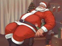 armpit_sniffing bara beard blush christmas european_mythology facial_hair folklore glasses kuki1210 male male_only muscular_male mythology public_domain santa_claus sitting_on_lap sitting_on_person size_difference