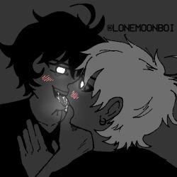 2boys blush breath ear_piercing fangs femboy kissing moon_boi saliva