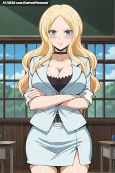 ai_generated aindroidparanoid ass assassination_classroom big_ass big_breasts big_butt blonde_hair blue_eyes breasts busty choker classroom cleavage crossed_arms curvy fat_ass female female_only hips huge_ass huge_breasts huge_butt irina_jelavic large_ass large_breasts large_butt long_hair mature mature_female narrowed_eyes nipples slim_waist squeezing_breast stable_diffusion standing taller_girl teacher voluptuous wavy_hair