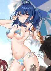 accidental_exposure ahoge armpits ass_visible_through_thighs bare_arms bare_belly bare_legs bare_shoulders bare_thighs beach belly_button big_breasts bikini blue_bikini blue_eyes blue_hair blush breast_slip breasts collarbone female female_focus groin hip_bones komari_chika licking_own_lips make_heroine_ga_oo_sugiru! medium_hair mou_niu nipple_slip nipples nosebleed nukumizu_kazuhiko one_eye_closed outdoors peace_sign shiny_skin side-tie_bikini_bottom sparkling_eyes takoyaki thighs tongue untied_bikini_top wink yanami_anna