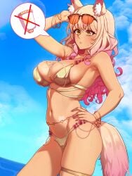 1girls beach big_breasts bikini cleavage cum cum_on_breasts fate/grand_order fate_(series) female fox_humanoid golden_bikini solo suzuka_gozen_(fate) suzuka_gozen_(swimsuit_rider)_(fate) swimsuit tan_body todding