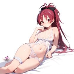 ai_generated artist_logo black_ribbon hair_ribbon half_naked hi_res laying_down laying_on_bed lingerie long_hair long_ponytail madoka_worship magical_girl mahou_shoujo_madoka_magica medium_breasts navel nightgown ponytail puella_magi_madoka_magica red_eyes red_hair sakura_kyouko sexy_pose simple_background wide_hips