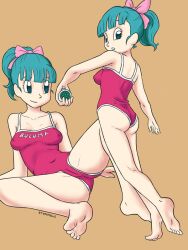 ass barefoot blue_hair bulma bulma_briefs dragon_ball dragon_ball_(classic) eronimbus feet leotard one-piece_swimsuit swimsuit swimwear teenage_bulma teenager