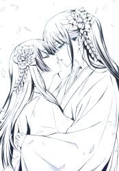 2girls closed_eyes commentary_request counter:side falling_petals flower flower_in_hair flower_on_head flower_ornament from_side greyscale hair_flower hair_ornament highres imminent_kiss japanese_clothes kimono long_hair long_sleeves looking_at_another moka_(mochafree) monochrome multiple_girls nanahara_chifuyu nanahara_chinatsu petals profile sisters upper_body yuri