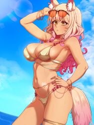 1girls beach big_breasts bikini cleavage fate/grand_order fate_(series) female fox_humanoid golden_bikini solo suzuka_gozen_(fate) suzuka_gozen_(swimsuit_rider)_(fate) swimsuit tan_body todding