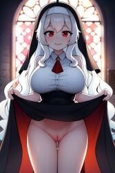 1girls ai_generated alufliniy big_breasts blush breasts day erispheria exposed_pussy hispanic_virtual_youtuber indoors lifted_skirt long_hair no_panties nun nun_outfit pussy red_eyes solo_female tagme thighs virtual_youtuber vtuber white_hair