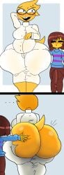 2_panel_comic alphys big_ass big_balls big_thighs blush bulge_through_clothing chubby frisk furu_flami glasses grabbing_ass huge_breasts huge_cock inminent_sex interspecies lab_coat male/female messy_hair overweight_female ripped_pants size_difference small_but_hung straight sweater sweating tail thick_thighs undertale undertale_(series) yellow_skin