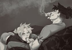 2boys ass_up black_hair blowjob cigarette clothed clothing denki_kaminari fellatio gay genitals hand_on_penis hanta_sero male male/male male_only milkyypup monochrome my_hero_academia oral oral_sex penis penis_grab penis_in_mouth penis_lick sitting sitting_on_chair smoking yaoi