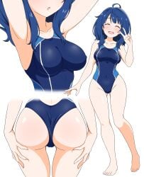 ahoge armpits arms_up ass ass_visible_through_thighs bare_arms bare_legs bare_shoulders bare_thighs barefoot belly_button_visible_through_clothing big_breasts blue_hair blush body_blush breasts closed_eyes collarbone feet groin hands_on_own_thighs long_hair make_heroine_ga_oo_sugiru! nipples_visible_through_clothing one-piece_swimsuit open_mouth peace_sign shiny_skin smile swimsuit thighs thong_bikini_bottom toes usazirou539 yanami_anna