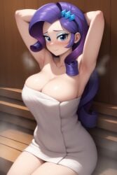 1girls ai_generated armpits arms_behind_head big_breasts breasts cleavage equestria_girls female female_only friendship_is_magic hair_ornament hasbro large_breasts looking_at_viewer my_little_pony nai_diffusion naked_towel novelai rarity_(eg) rarity_(mlp) sauna sitting sole_female solo stable_diffusion steam steamy thighs towel