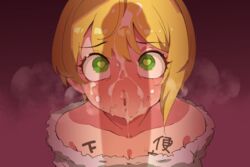 :o after_oral blonde_hair body_writing breasts bright_pupils cleavage cum cum_on_hair cute facial female glowing_eyes green_eyes heart heart-shaped_pupils highres idolmaster idolmaster_cinderella_girls medium_hair miyamoto_frederica oral parted_lips penis_awe penis_shadow pov rolling_eyes solo stray_pubic_hair sweat symbol-shaped_pupils takato_kurosuke tally teenager upper_body wide-eyed worried