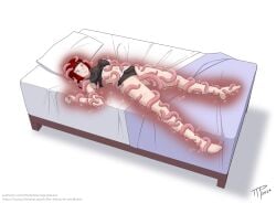 bed bed_sheet bondage eaten_then_fucked flesh_wall long_hair mimic original_character restained sports_bra sportswear sweat tentacle tentacle_under_clothes the_tentacle_professor vore xray_view