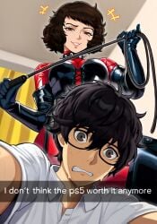 1boy 1girls black_eyes black_hair bodysuit brown_eyes brown_hair collar corset dominatrix femdom funny glasses gloves humor it_should_have_been_me_not_him latex malesub meme neggoartz nervous persona persona_5 playstation ps5 regret ren_amamiya rubber sadayo_kawakami short_hair smile smirk snapchat sweat text whip worried you_gonna_get_raped