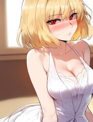 ai_generated arcueid_brunestud big_breasts blonde_hair breasts cleavage dress fate_(series) girl hi_res high_resolution highres hollowbeak huge_breasts red_eyes short_hair tagme type-moon