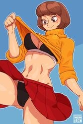 1girls alternate_version_available bob_cut bra breasts brown_eyes brown_hair cleavage clothed female female_only freckles hanna-barbera large_breasts navel panties plain_background scooby-doo short_hair skirt smile solo sweater_lift turtleneck upskirt velma_dinkley zznakuu