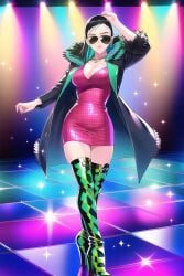 1girls ai_generated black_coat black_hair breasts coat disco dress earrings female female_only fur_coat high_heel_boots high_heels large_breasts long_hair looking_at_viewer milf necklace nico_robin one_piece pink_dress sunglasses tgmaniger thighhigh_boots tinted_eyewear