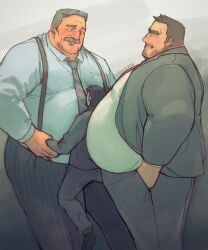 3boys bara belly big_belly blush clothing facial_hair fat fat_belly fat_man fully_clothed huge_belly human kuki1210 large_belly larger_male male male_only moustache obese obese_male overweight overweight_male sandwiched size_difference smaller_male tie